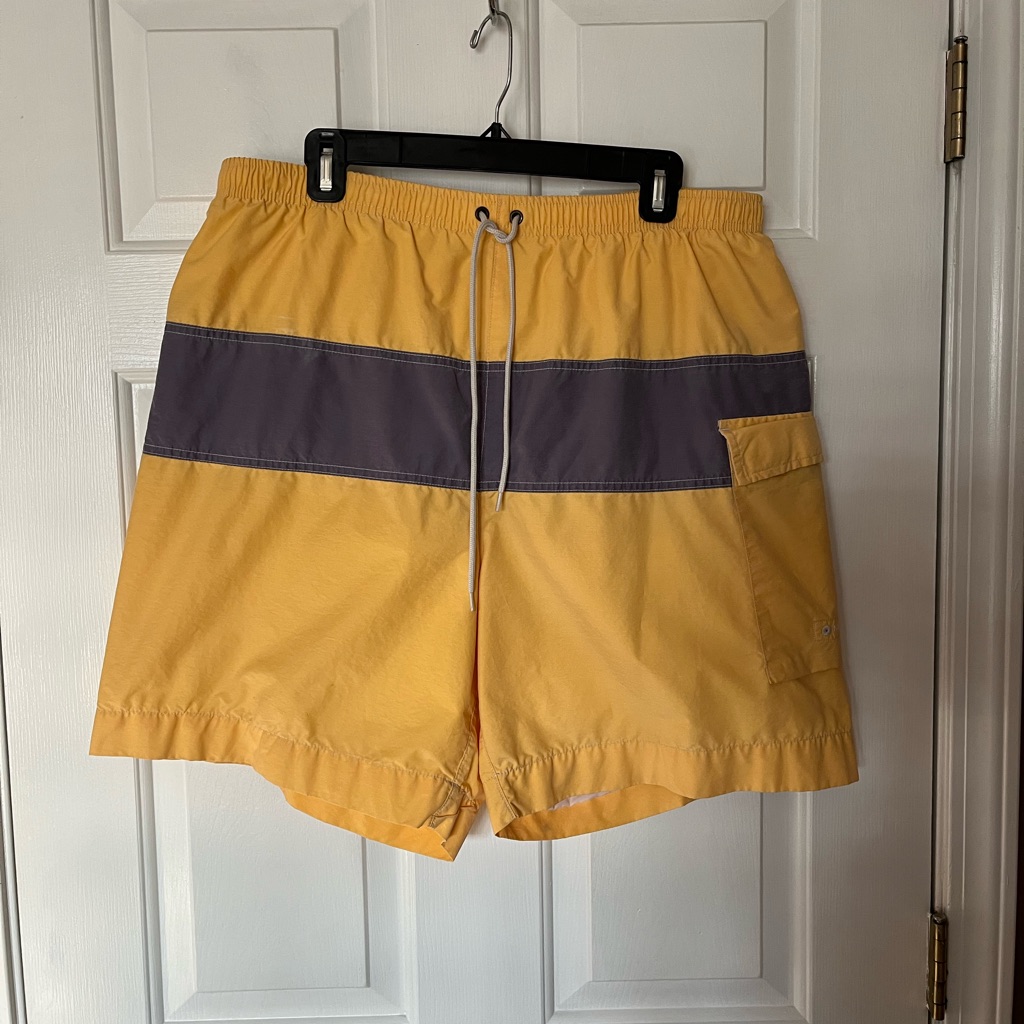 Vintage Nautica Men Swim Shorts Trunks Yellow/Gray Pocket Lined Drawstring Med